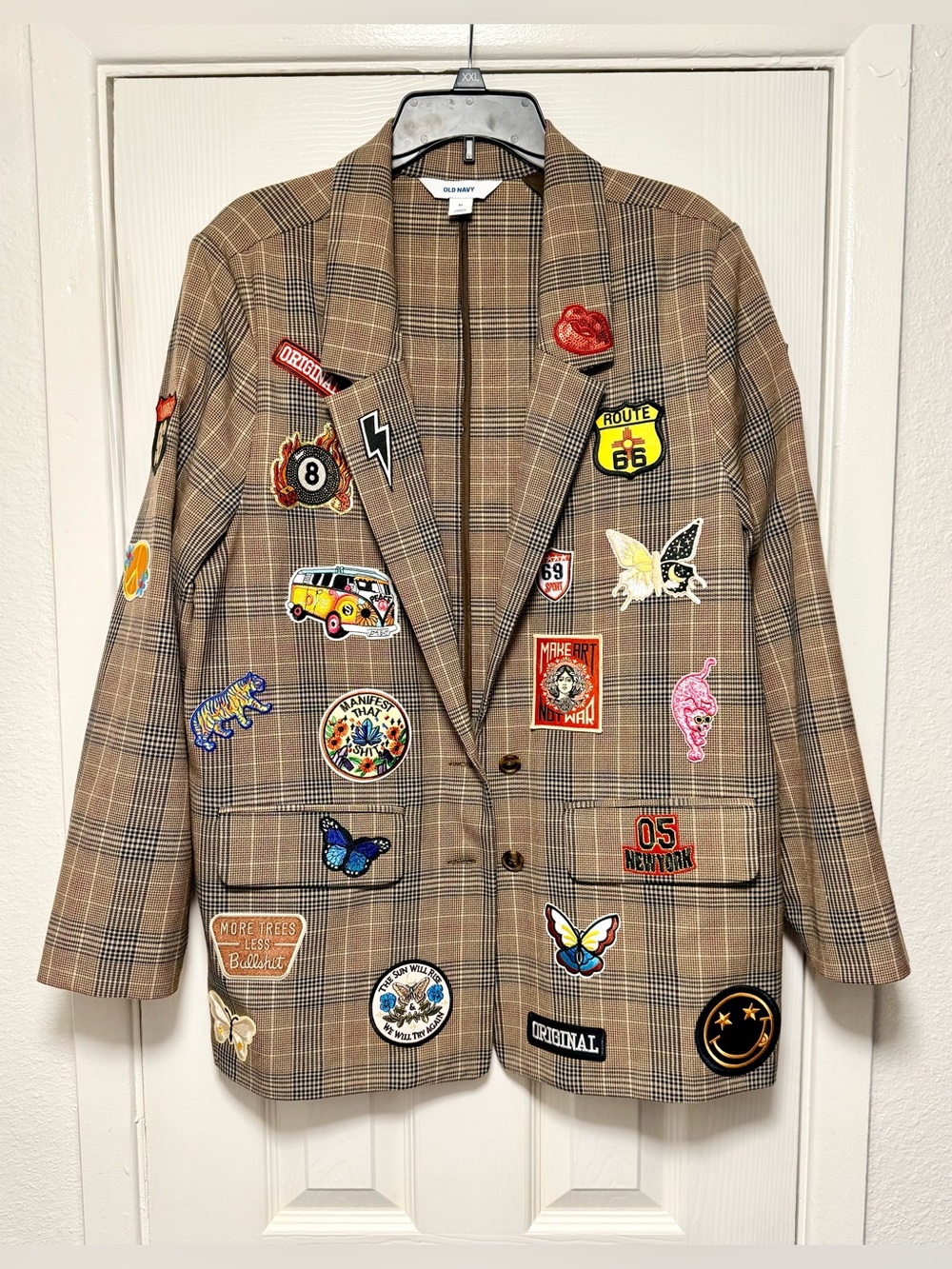 Upcycled Old Navy Plaid Blazer with Colorful Embroidered Patches - Picture 11 of 13